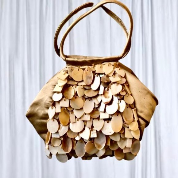 Evening Satchel Handbag Dangling Shell Beads Vintage Double Handles - Picture 6 of 11